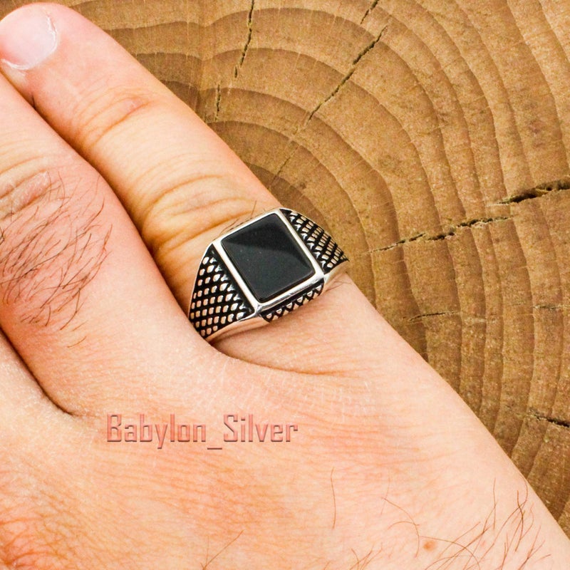 Babylon Silver Solid 925 Sterling Silver Onyx Stone Turkish Handmade Luxury Men's Ring (7) - Image 4